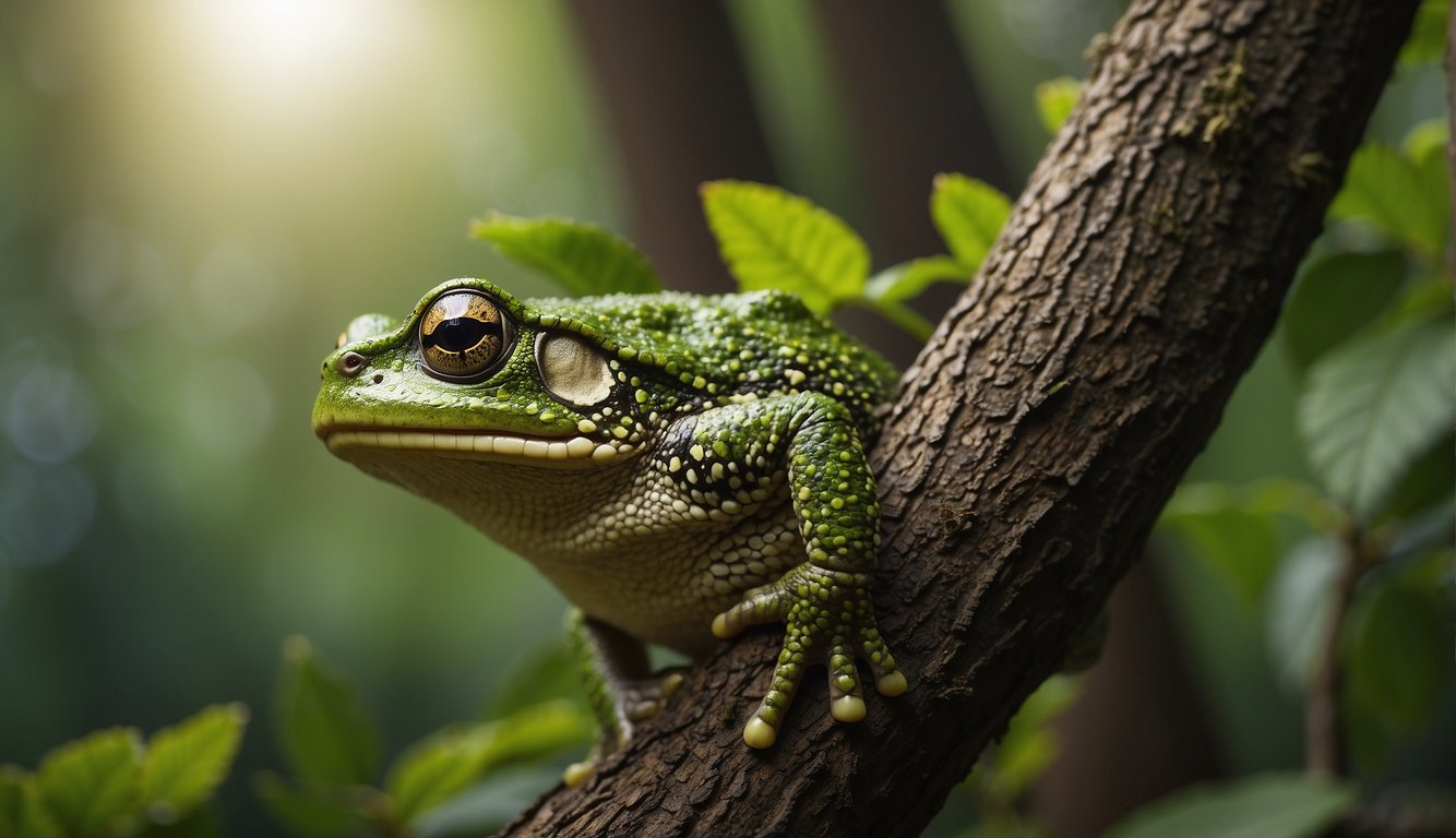 A nimble Nimba toad effortlessly scales a tall tree, its vibrant green skin blending with the lush foliage.

Its long, agile limbs allow it to navigate the branches with ease, showcasing the toad's unique climbing abilities