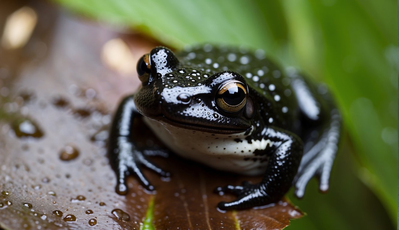 A small black rain frog sits on a wet leaf, with a grumpy expression but a contented posture