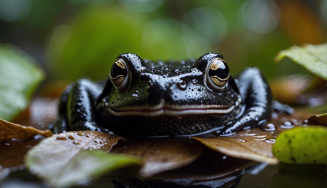 The Black Rain Frog sits on wet leaves, its grumpy face contrasting with its happy nature