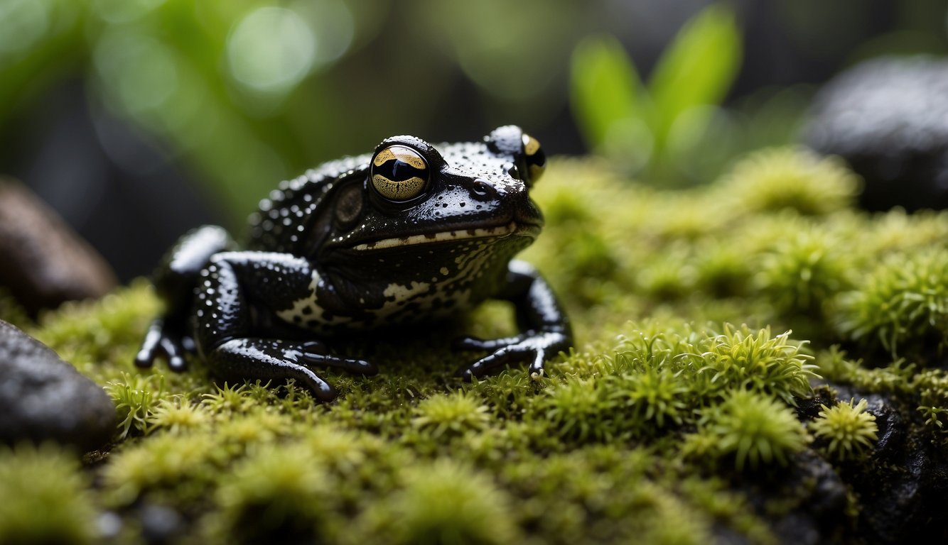 A black rain frog sits on a mossy rock, frowning but content.

Surrounding plants are lush and vibrant