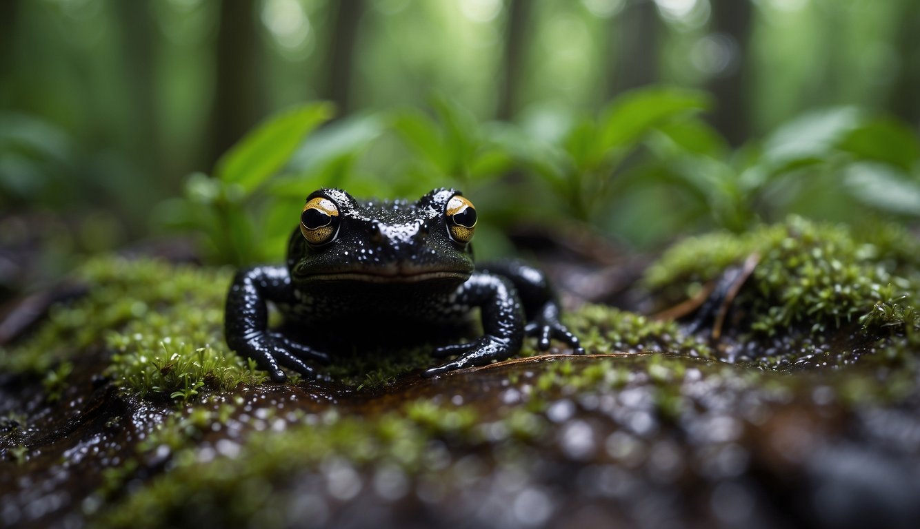 A black rain frog sits on damp forest floor, grumpy face contrasting with its small, round body.

The vibrant green surroundings highlight its importance in the ecosystem