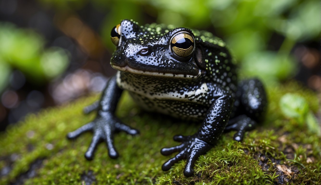 The Black Rain Frog sits on a mossy rock, its grumpy face contrasting with the lush greenery around it.

The frog's round, bulbous body is covered in dark, shiny skin, and its eyes peer out from beneath a frowning