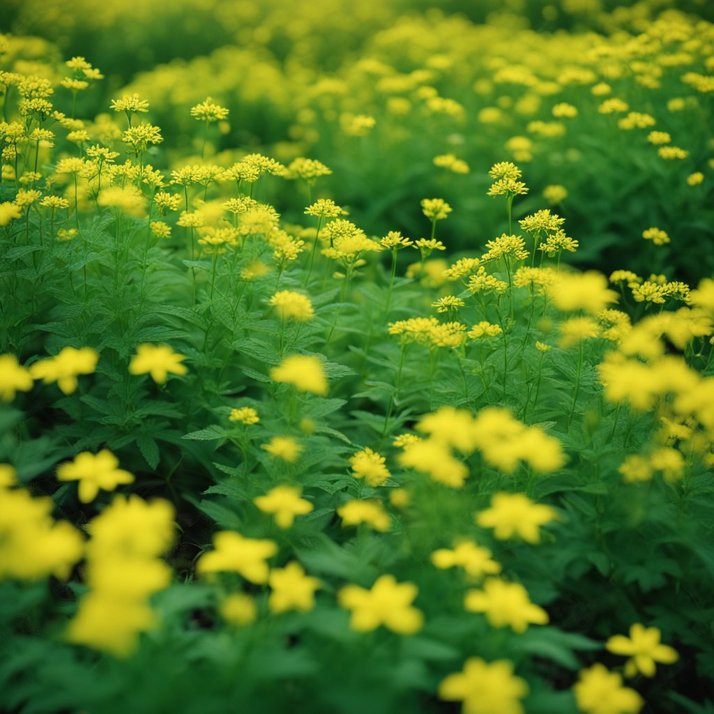 A vibrant field of goat weed in full bloom, with bright yellow flowers and lush green leaves, emanating a strong and alluring fragrance