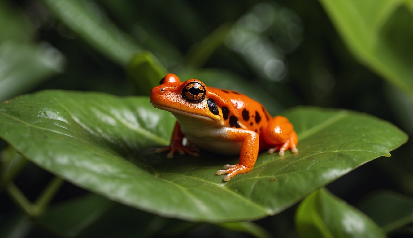 A bright red Tomato Frog sits on a lush green leaf, surrounded by vibrant tropical foliage.

Its skin glistens in the sunlight as it prepares to leap