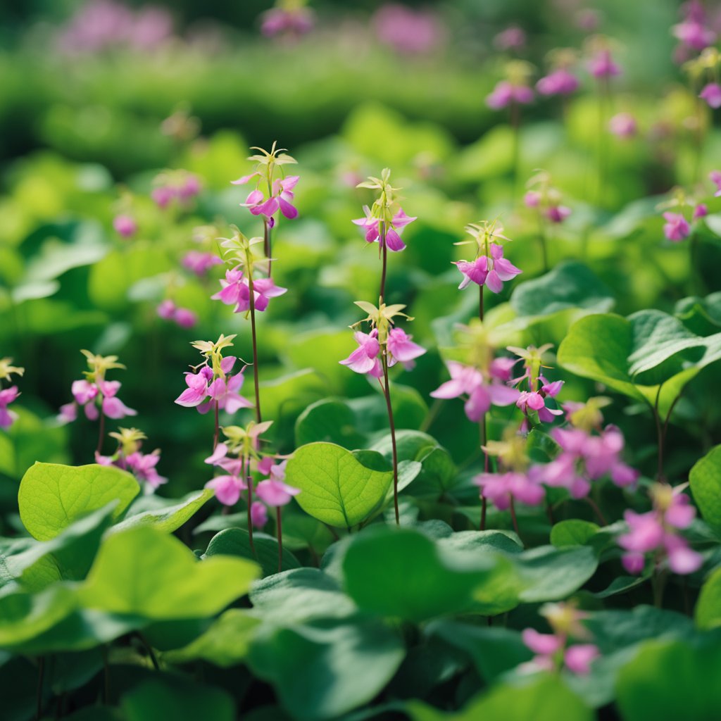 A lush field of Epimedium plants in full bloom, with vibrant green leaves and delicate clusters of small, colorful flowers