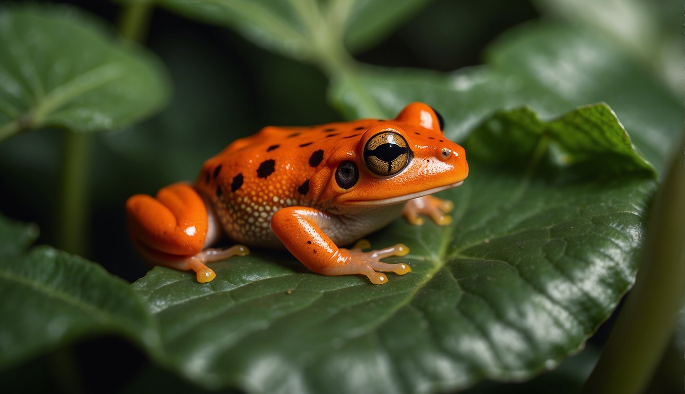 A vibrant red tomato frog sits on a lush green leaf, its round body and bright coloration catching the eye.

The frog's skin is textured with small bumps, and its large eyes gaze out at the viewer