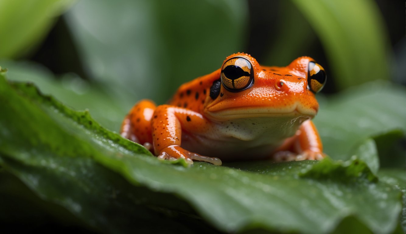 A vibrant red tomato frog sits on a lush green leaf, its bright color contrasting against the foliage.

The frog's round body and large eyes make it an eye-catching subject