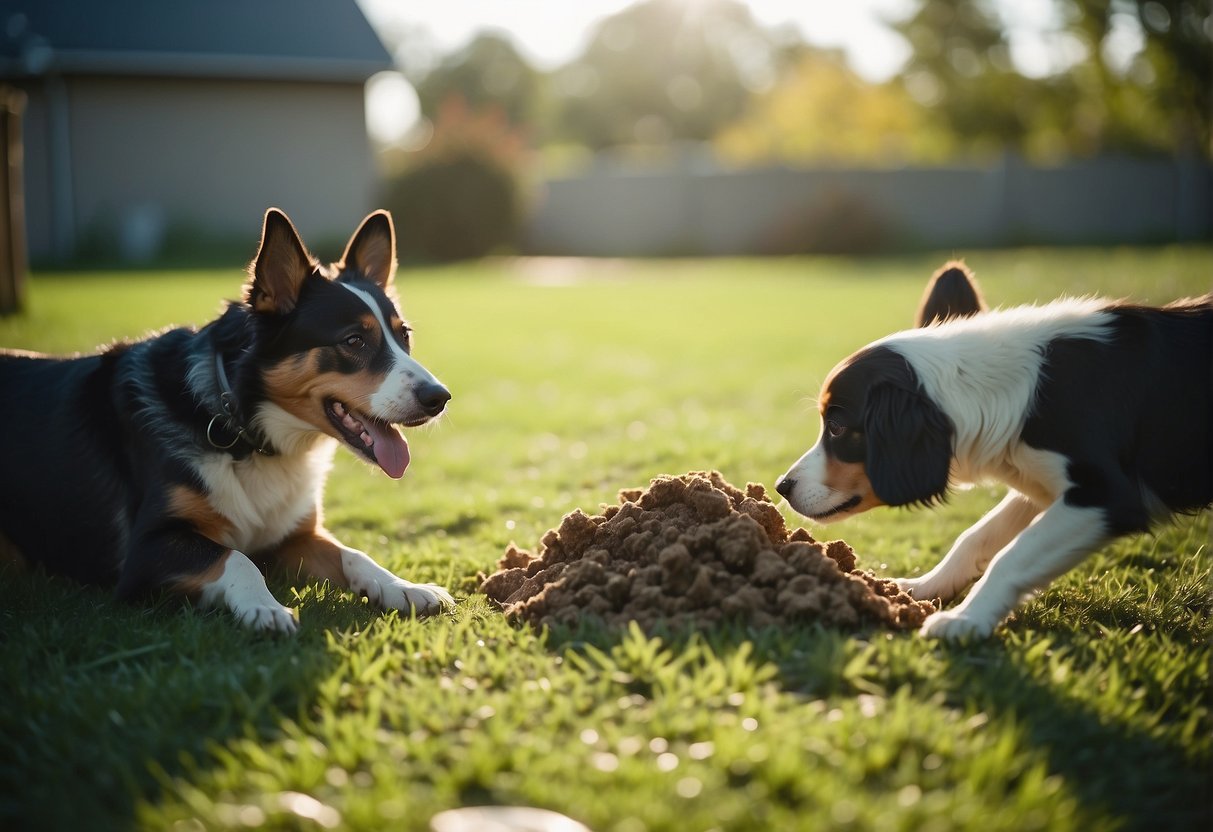 Dogs eating their own feces in a backyard