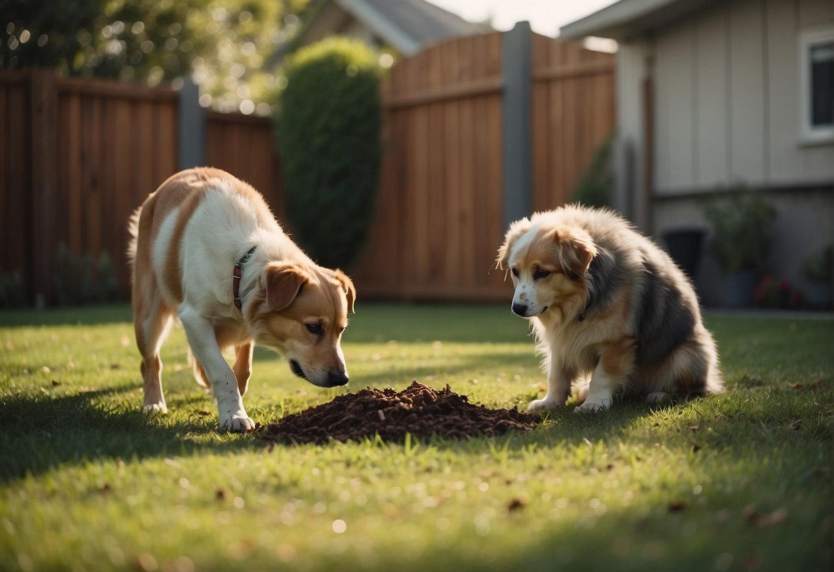 A dog eating its own feces in a backyard, with a concerned owner watching from a distance