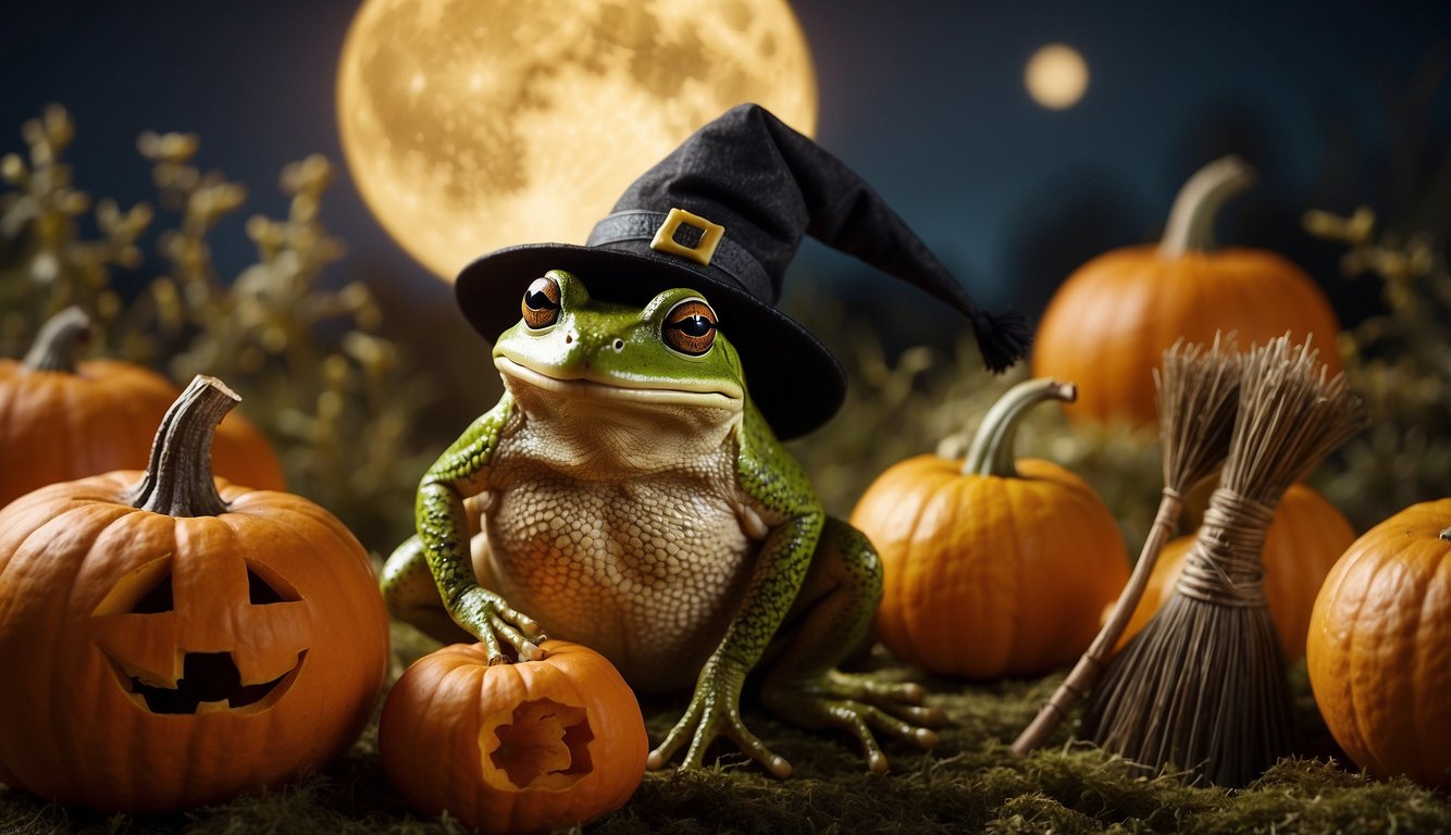 A mischievous frog hops among pumpkins, wearing a witch hat and holding a broom.

The moon shines brightly as the frog cackles with delight