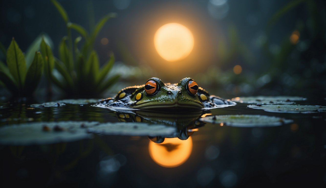 A spooky forest at night, with a full moon shining down on a pond.

A frog with orange and black markings sits on a lily pad, surrounded by eerie mist