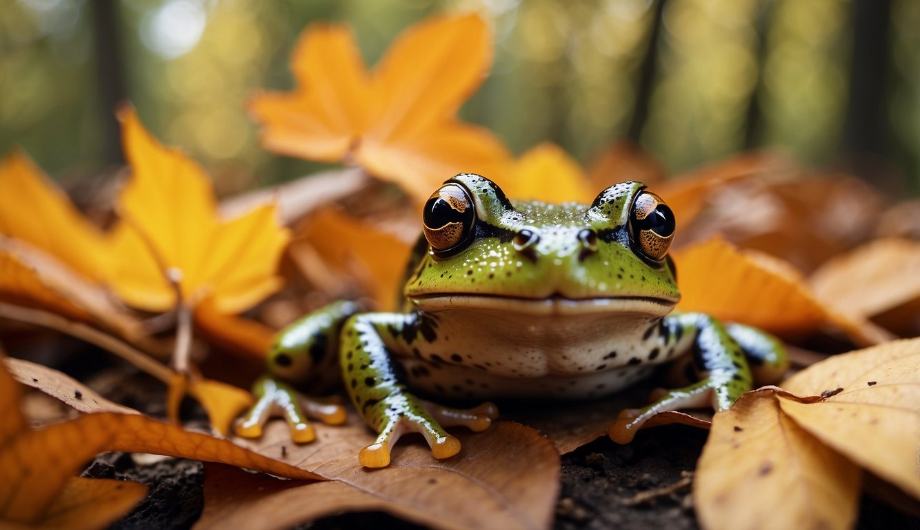 A frog with vibrant orange and black markings hops among fallen leaves, feasting on insects and blending in with the autumn colors