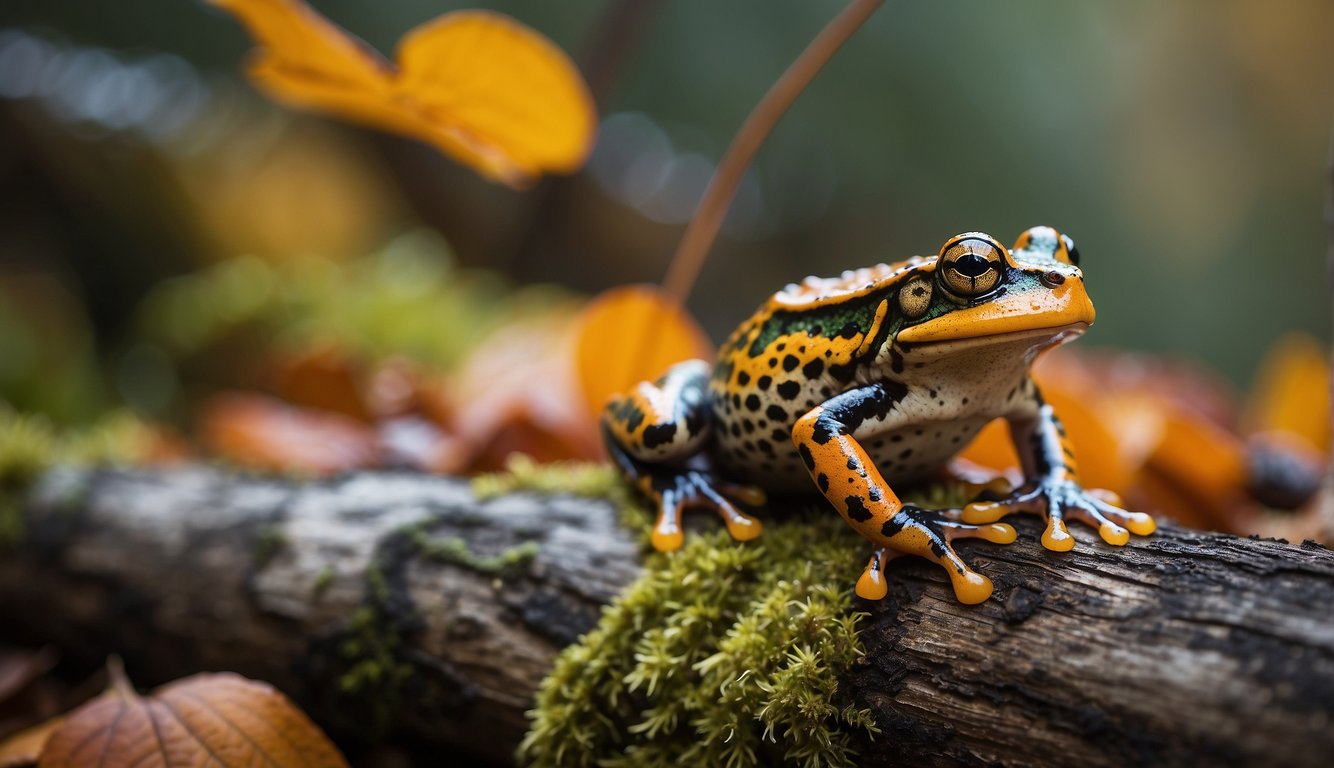 A vibrant Halloween Frog perched on a mossy log, surrounded by colorful autumn leaves.

Its bright orange and black markings stand out against the earthy background