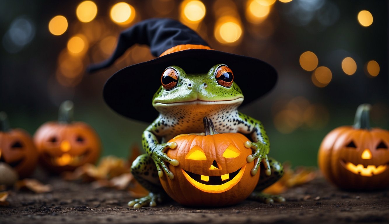 A frog wearing a witch hat and holding a jack-o-lantern.

Surrounded by spooky decorations and smiling at trick-or-treaters