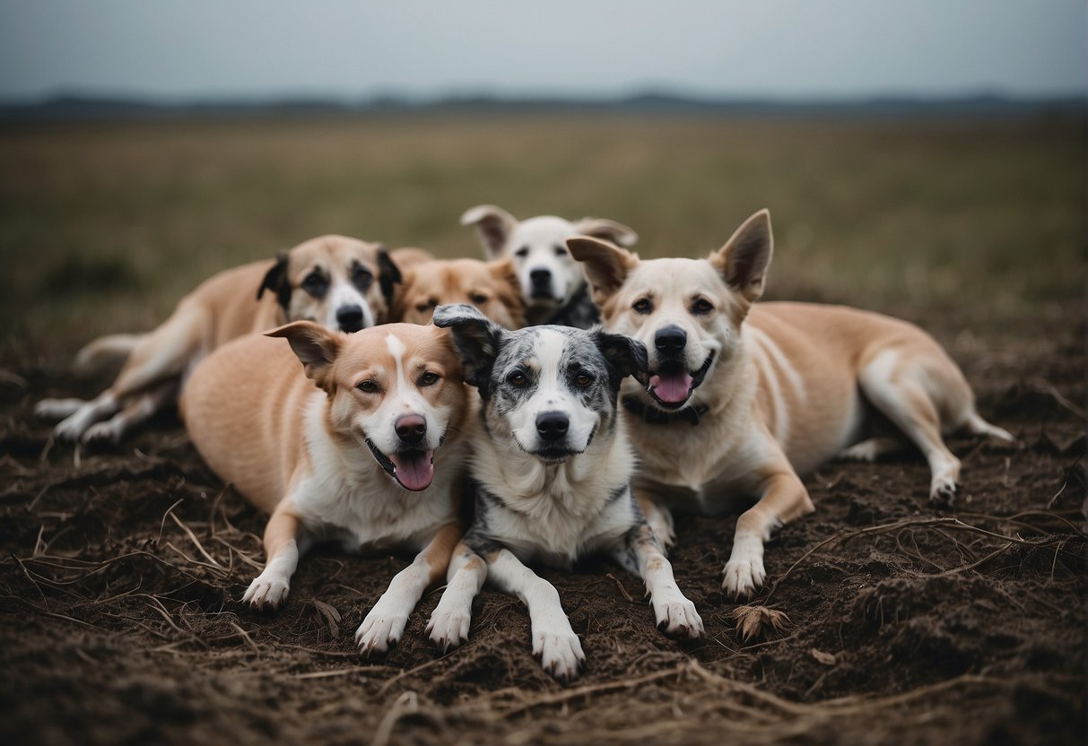 A pile of dead dogs lies in a desolate field under a gray sky