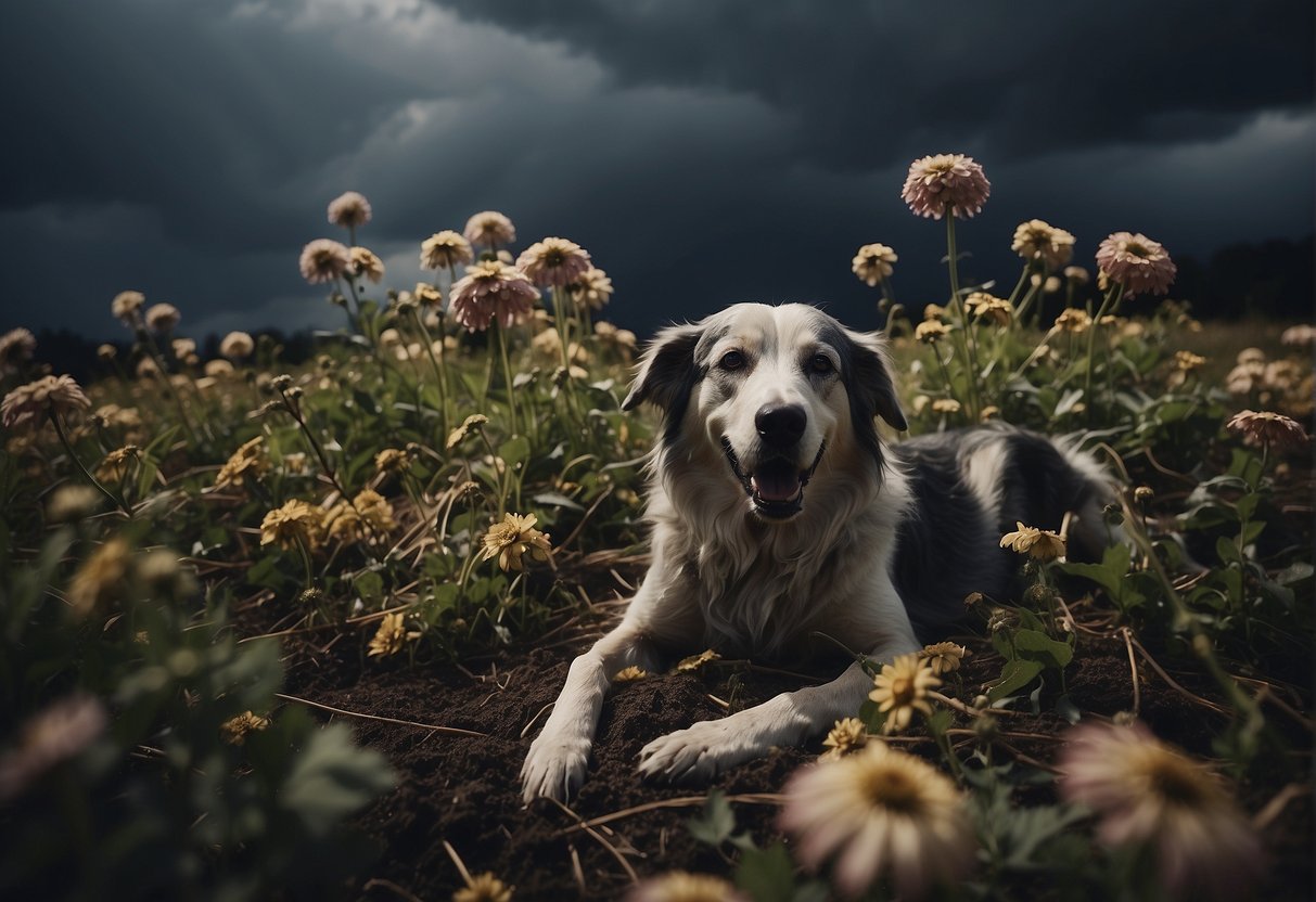 A pile of dead dogs surrounded by wilted flowers and a dark, ominous sky overhead
