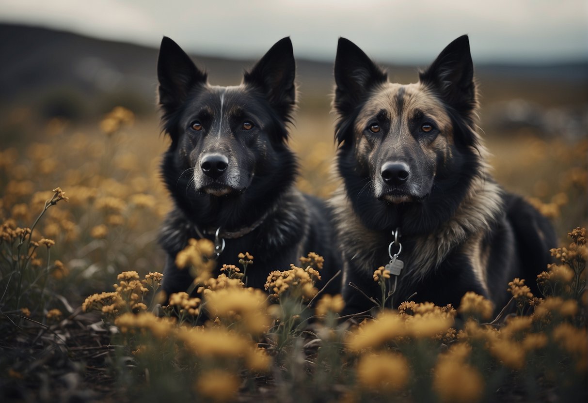 A pack of dead dogs lying in a desolate landscape, surrounded by wilted flowers and ominous clouds overhead