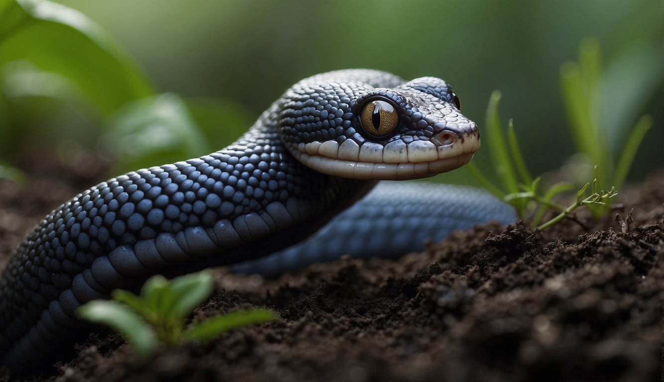 A tailed caecilian slithers through damp soil, its elongated body undulating as it moves.

Its smooth, shiny skin reflects the dim light filtering through the dense foliage above