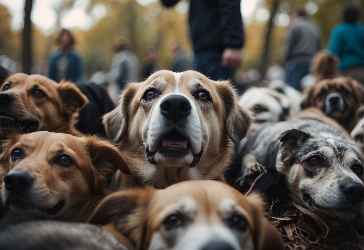 A pile of dead dogs surrounded by curious onlookers, representing the concept of dreaming about dead dogs