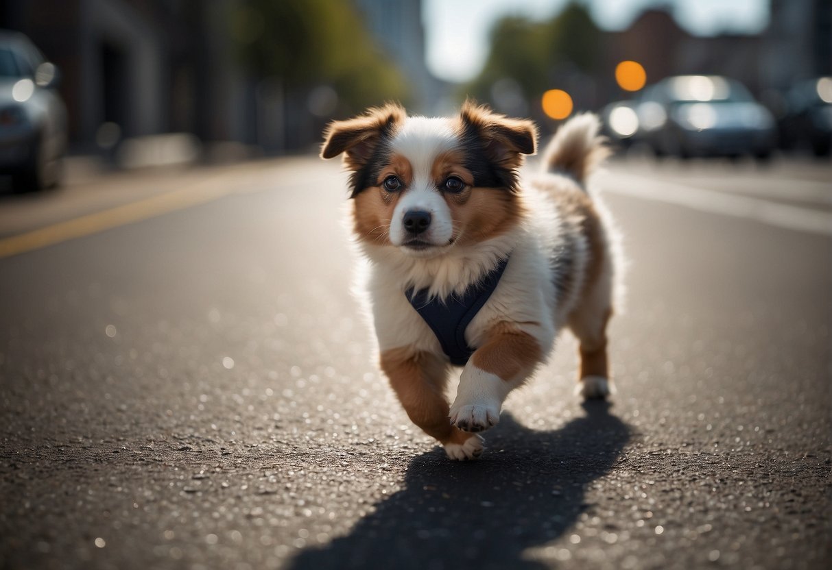 A dog crossing a street at a young age