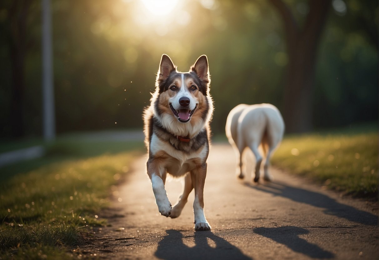 A dog in the process of crossing and gestation, showing the stages of pregnancy