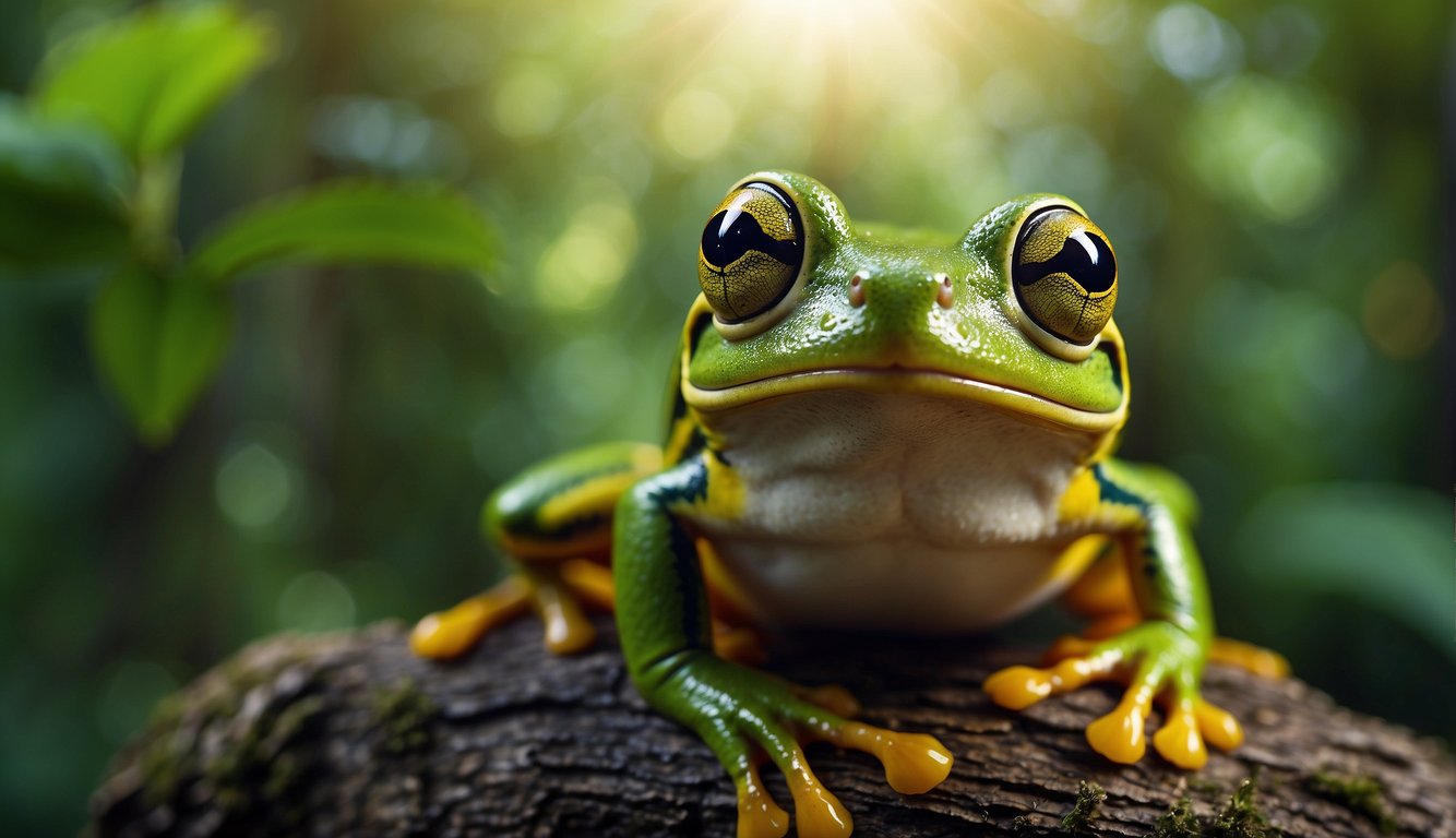 A Wallace's flying frog glides through the jungle trees, its webbed feet outstretched, eyes alert, and vibrant green skin glistening in the dappled sunlight