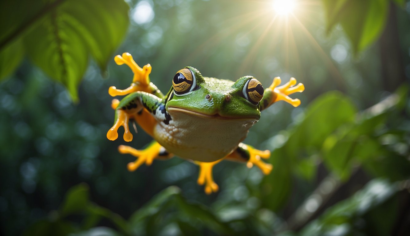 The Wallace’s Flying Frog leaps from a tree, its webbed feet spread wide.

The lush jungle canopy stretches out below, with sunlight filtering through the dense foliage