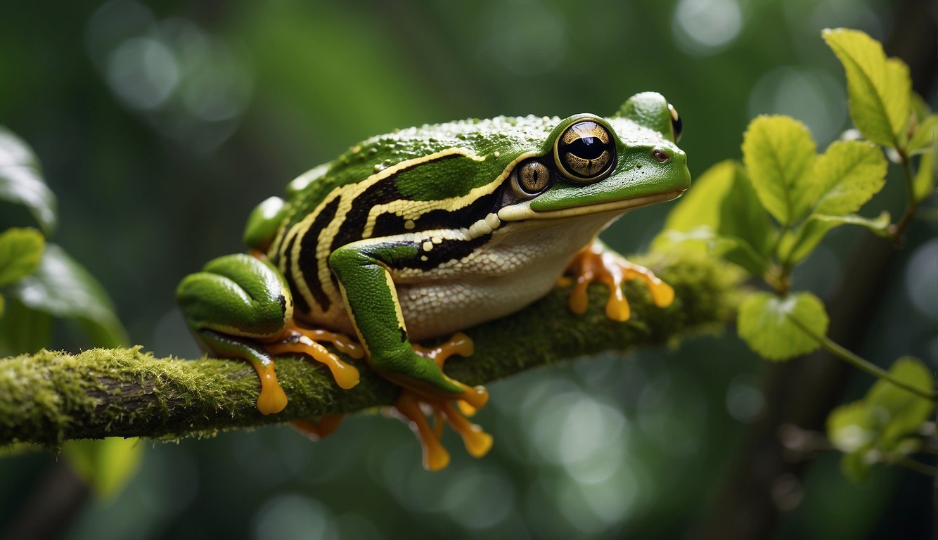 The Wallace's Flying Frog glides through the trees, its vibrant green body blending seamlessly with the lush foliage.

Its webbed feet stretch out, catching the air as it gracefully moves through the forest canopy