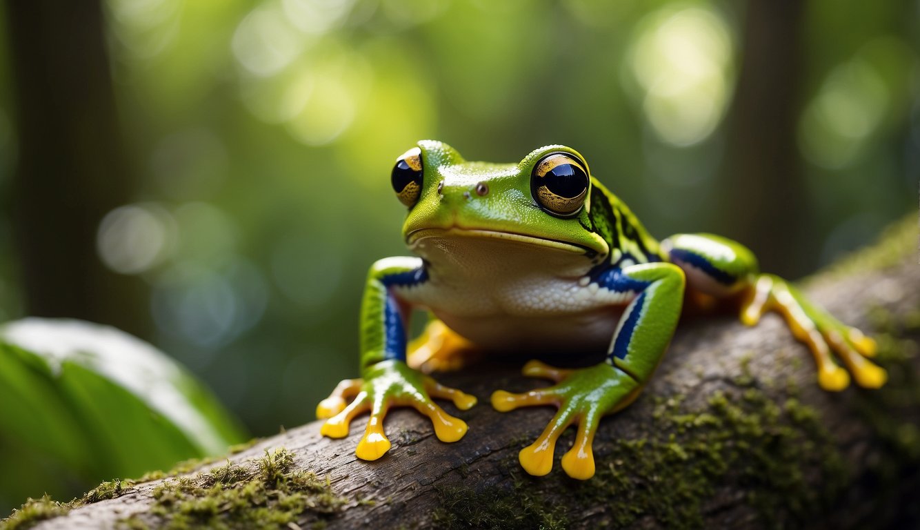 The Wallace's Flying Frog gracefully glides through the lush green trees, its webbed feet spread wide, and its vibrant colors shining in the dappled sunlight