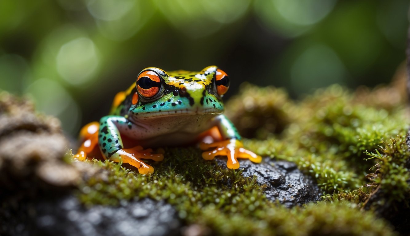 The Malagasy Rainbow Frog sits on a moss-covered rock, its vibrant colors shimmering in the sunlight.

The frog's skin changes from bright red to yellow and green, creating a mesmerizing display of colors