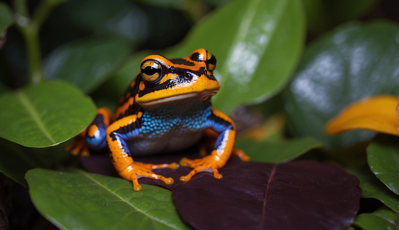 The Malagasy Rainbow Frog sits on a bed of vibrant green leaves, its skin displaying a spectrum of colors from bright reds and oranges to deep blues and purples