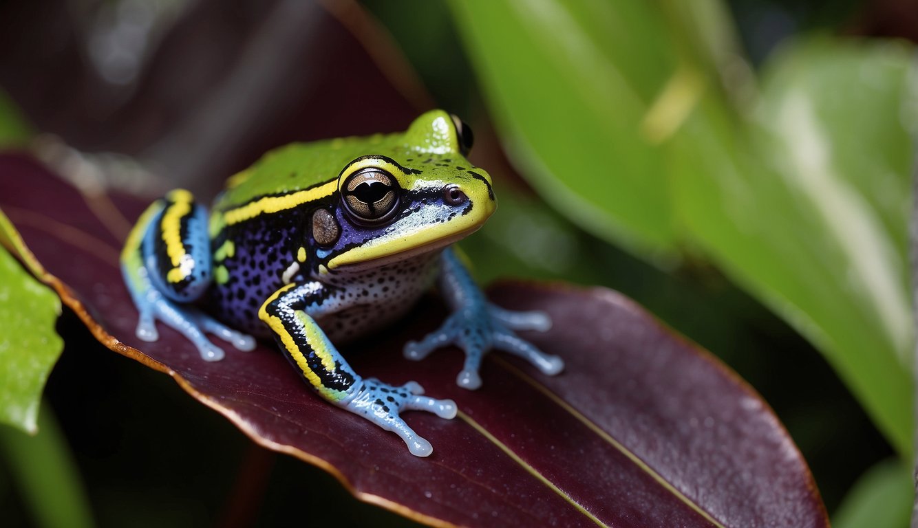 The Malagasy Rainbow Frog sits on a bed of vibrant green leaves, its skin shifting from bright yellow to deep purple in the dappled sunlight