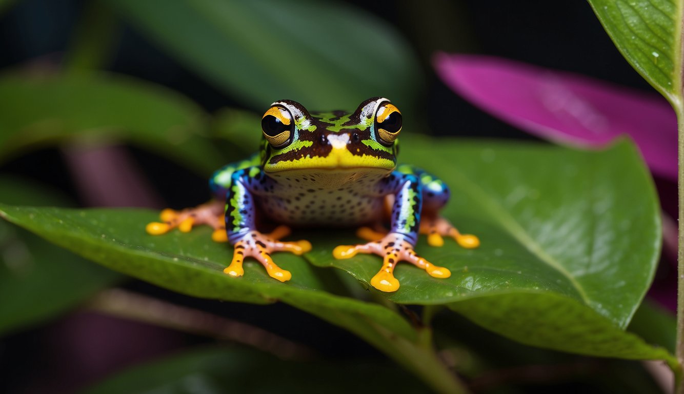 The Malagasy Rainbow Frog perched on a vibrant green leaf, its skin displaying a spectrum of colors from bright yellow to deep purple