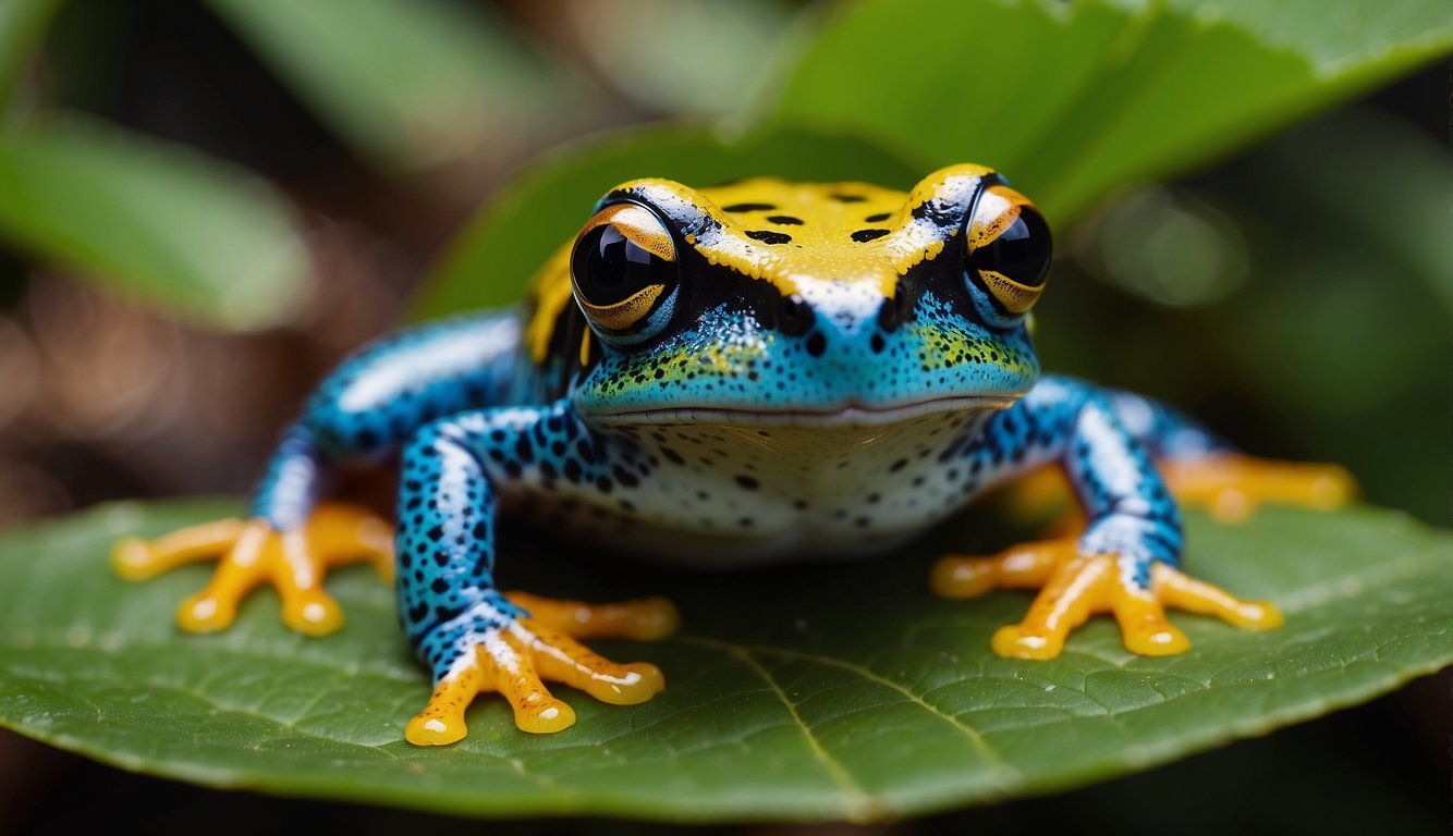 The Malagasy Rainbow Frog sits on a vibrant green leaf, its skin changing from yellow to blue in the sunlight