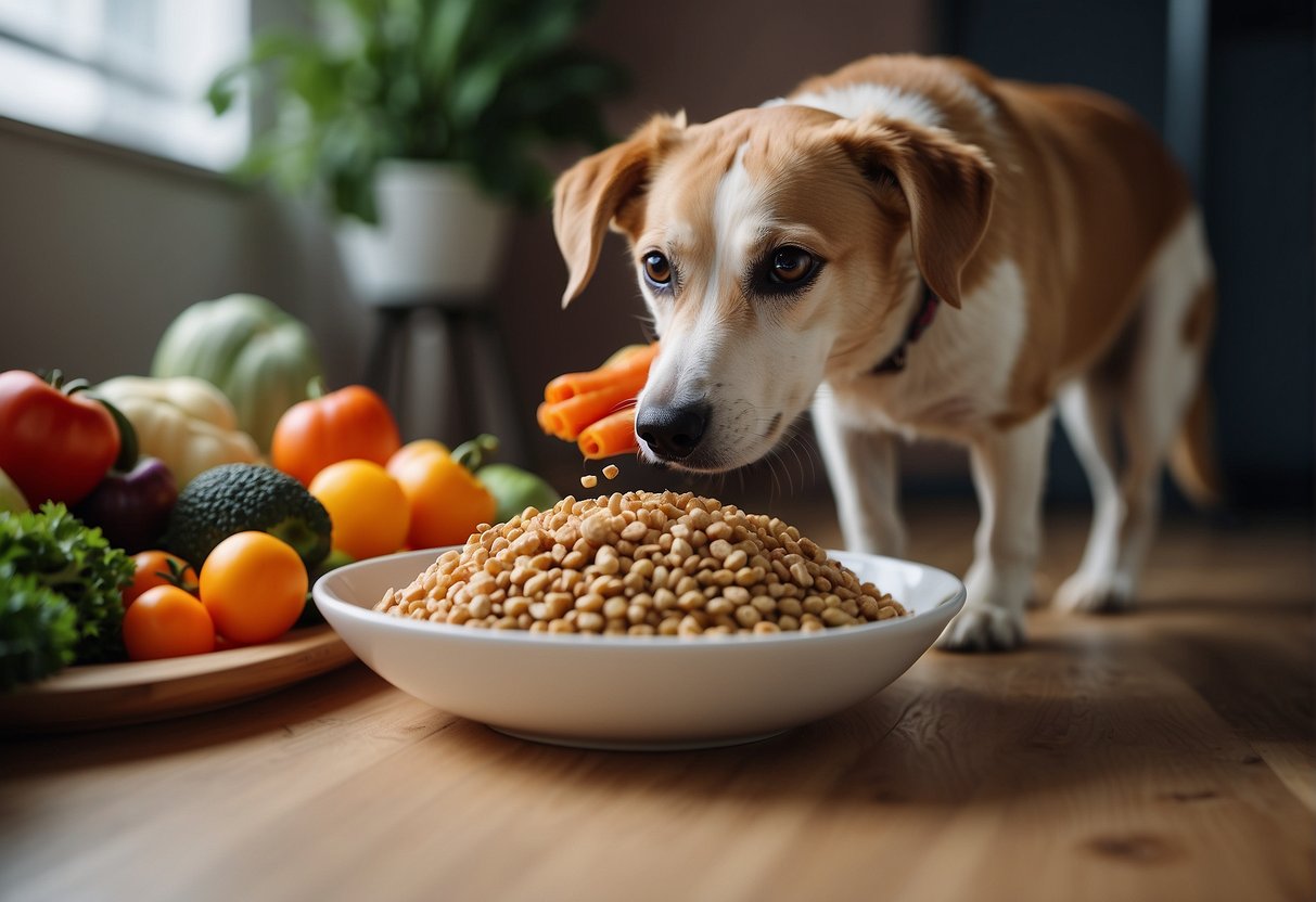 A dog eating a balanced diet of meat, vegetables, and grains from a bowl on the floor