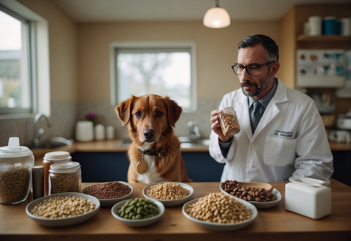A dog sitting in a veterinary consultation room, surrounded by various types of dog food and homemade meals, with a veterinarian discussing its diet