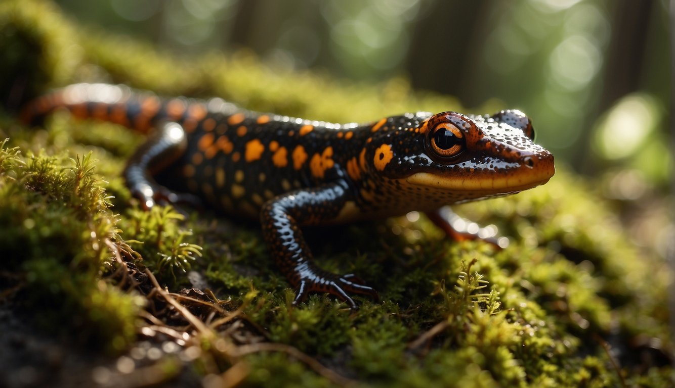 A spectacled salamander crawls along the moss-covered forest floor, its vibrant orange and black markings contrasting against the lush greenery.

The sunlight filters through the canopy, casting dappled shadows on the ground