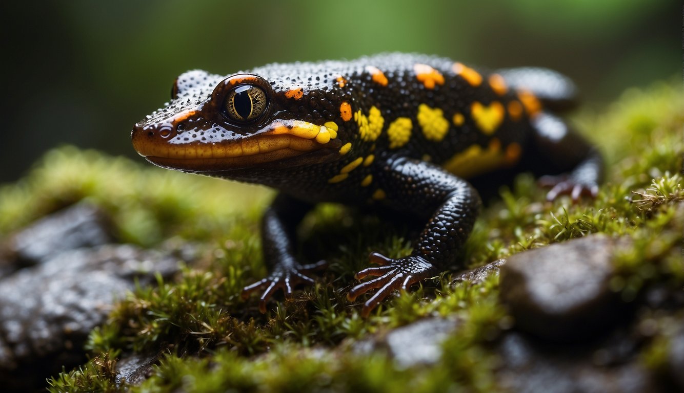 The Spectacled Salamander climbs a moss-covered rock, its vibrant colors contrasting with the lush greenery.

It flicks its long tongue to catch a passing insect, showcasing its unique hunting behavior