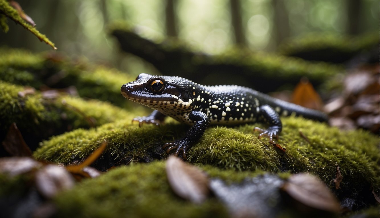 A spectacled salamander perched on a mossy rock in a lush Italian forest, surrounded by fallen leaves and small streams