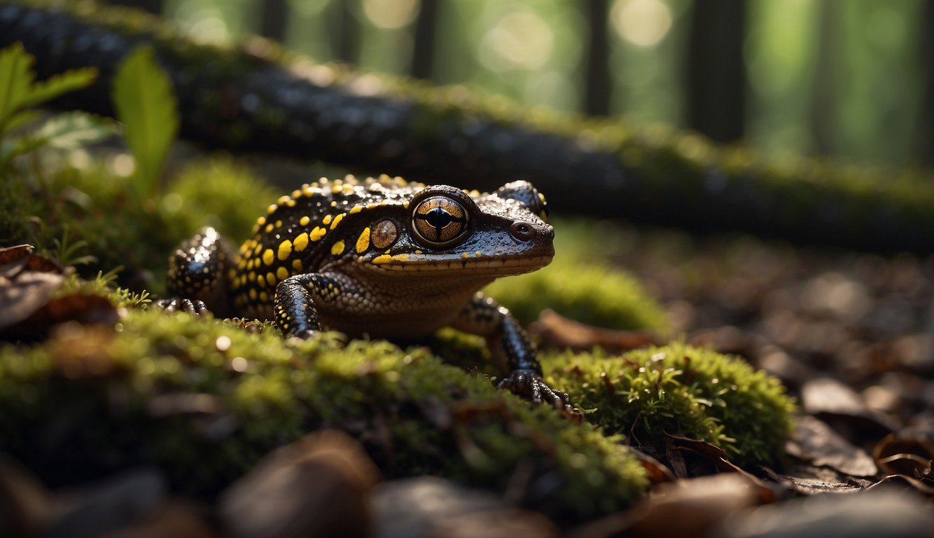 The Salamandrina Perspicillata emerges from the damp forest floor, showcasing its vibrant colors and distinct markings.

The sunlight filters through the trees, casting a warm glow on the unique amphibian
