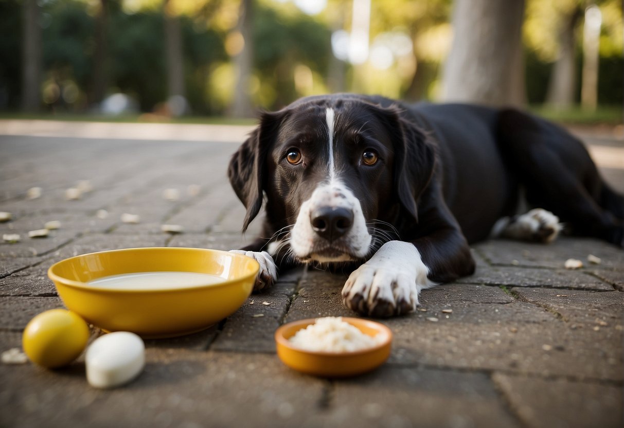A dog lying on the ground, with a bowl of creolin solution nearby