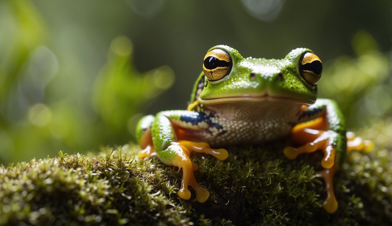 A vibrant tree frog clings to a moss-covered branch, its distinctive pouch visible.

The lush Andean rainforest forms the backdrop