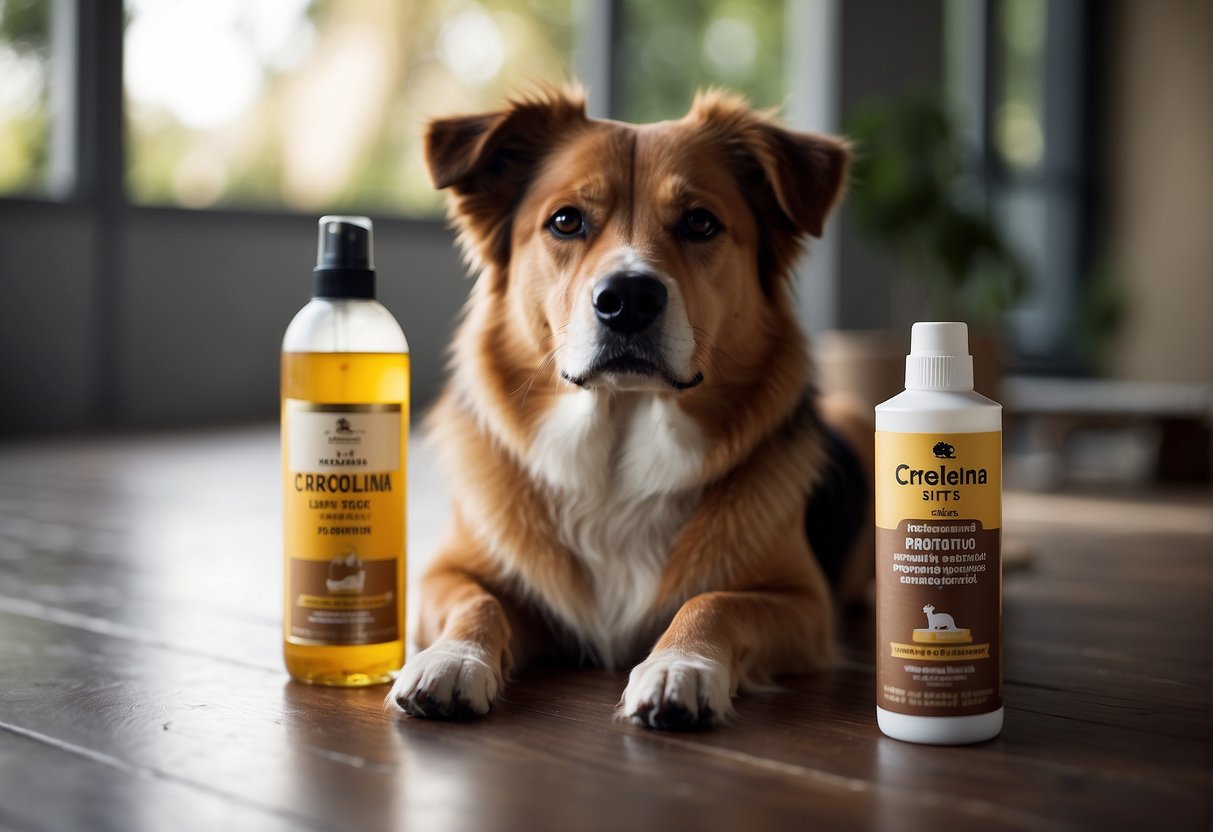 A dog sits near a bottle of Creolina, a powerful disinfectant. The dog's owner applies the solution to the dog's kennel, helping to eliminate odors and repel insects