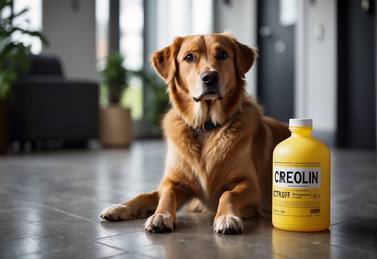 A dog stands next to a bottle of creolin, a caution sign nearby. A vet's recommendation pamphlet lies on the ground