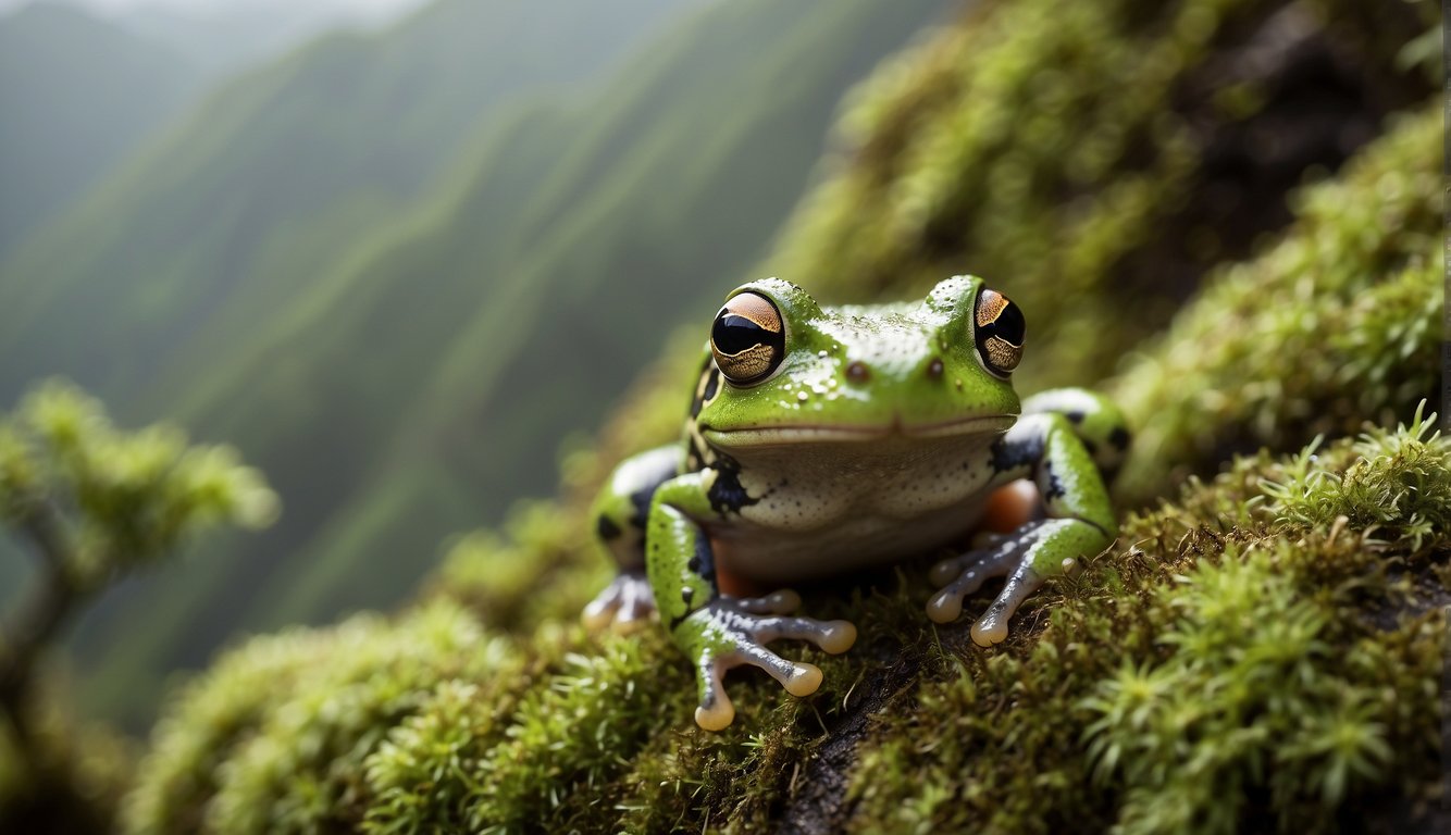 The Andean Marsupial Tree Frog perched on a moss-covered branch in the cloud forest, surrounded by lush vegetation and misty mountains