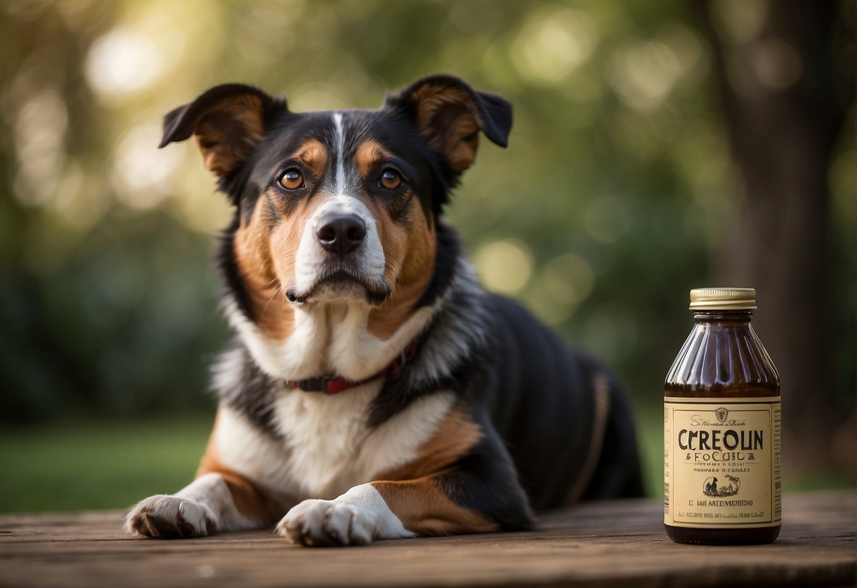 A dog sits beside a bottle of creolin, looking up expectantly. The bottle is labeled "Creolin for Dogs" with instructions in Spanish