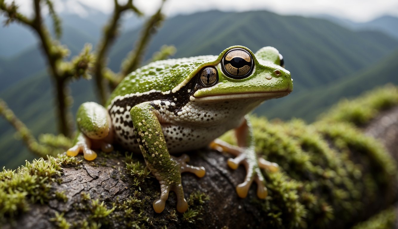 The Andean Marsupial Tree Frog perched on a mossy tree branch, displaying its distinctive pouch.

Surrounding foliage and misty mountains in the background