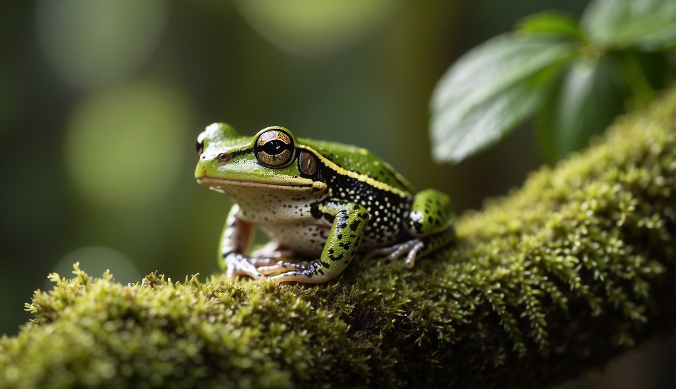 The Andean Marsupial Tree Frog perches on a moss-covered branch, its vibrant colors contrasting against the lush green foliage.

The frog's distinctive pouch is visible, adding a unique element to its appearance
