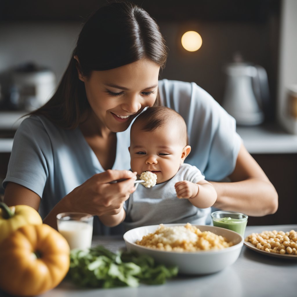 A mother feeds her baby while consuming calcium and magnesium-rich foods