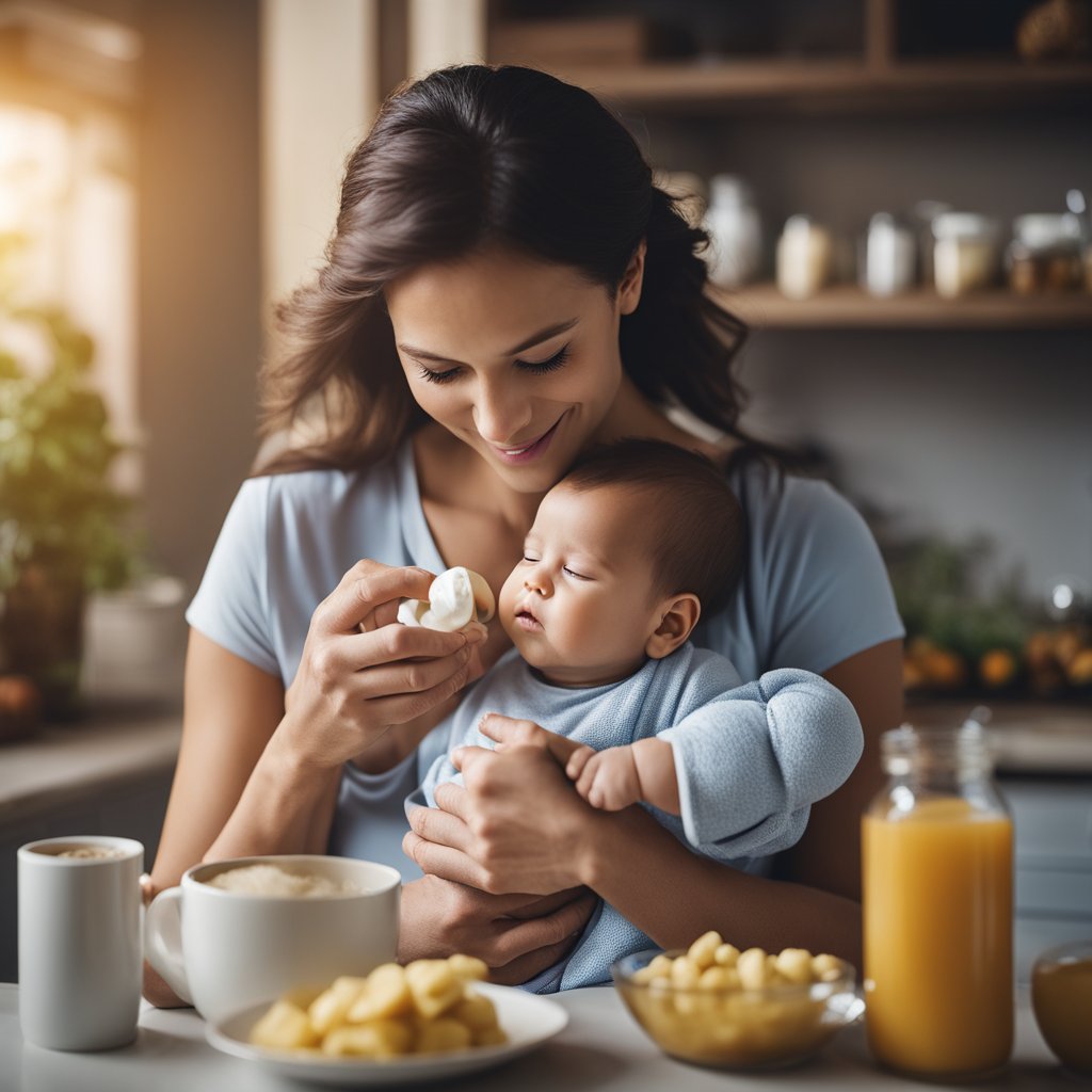 A mother breastfeeding her baby while consuming calcium and magnesium-rich foods and supplements